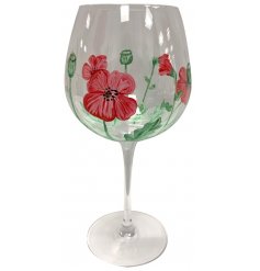 A delicately hand painted wine glass with a beautiful red poppy design 