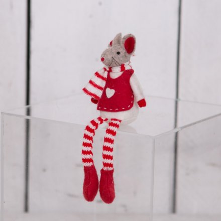Sitting Red & White Fabric Mouse, 9cm 