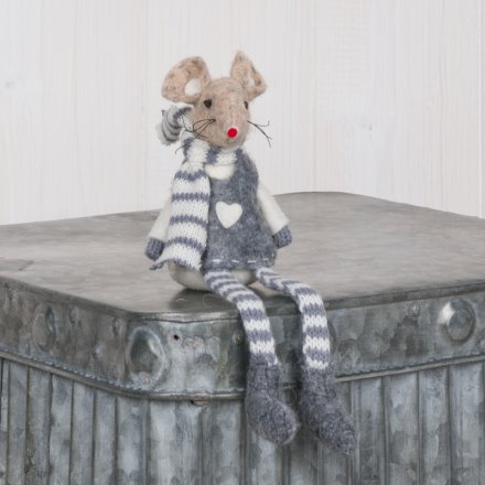 Sitting Grey & White Fabric Mouse, 9cm 