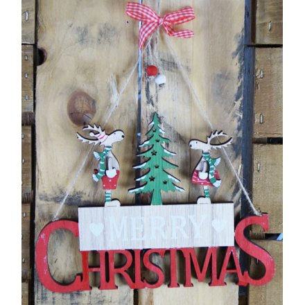 Merry Christmas Hanging Wooden Sign, 33cm 