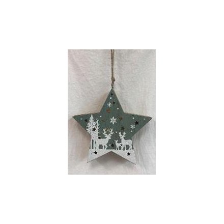 Hanging LED Wooden Star, 12cm 