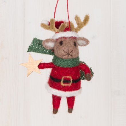 Hanging Woolly Reindeer With Scarf, 13cm 