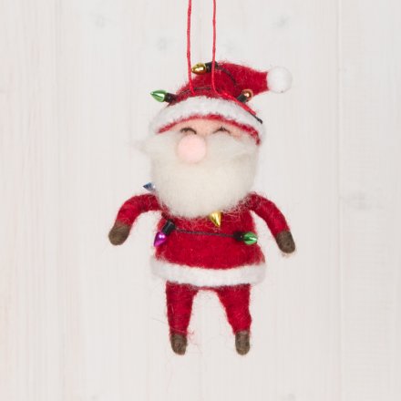 Hanging Woolly Santa With Lights, 11.5cm 