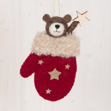 Hanging Woolly Bear In Red Glove, 17cm 