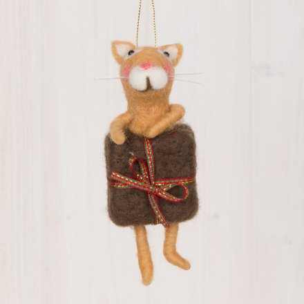 A festive little woollen ginger cat decoration popping out of a present 