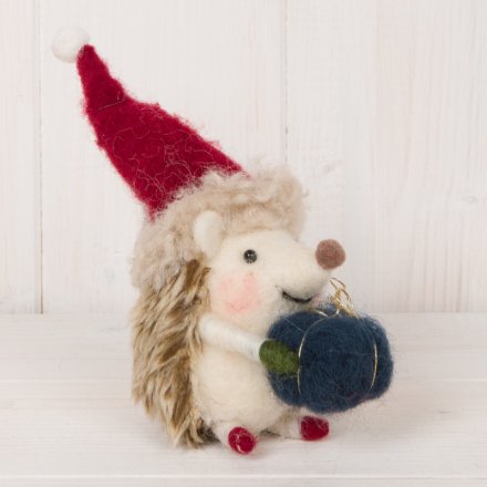 Fuzzy Woollen Hedgehog With Present, 12cm 