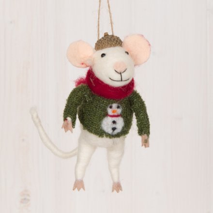 Woollen Hanging Mouse In Green Jumper, 12.5cm  