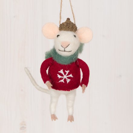 Hanging Woollen Mouse In Red Jumper, 12.5cm  