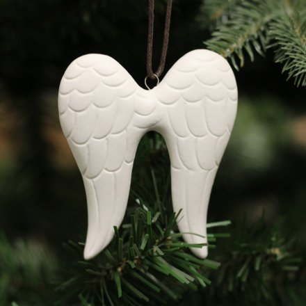 A small hanging angel wing decoration, perfect for placing on any Winter Wonderland themed tree decor 