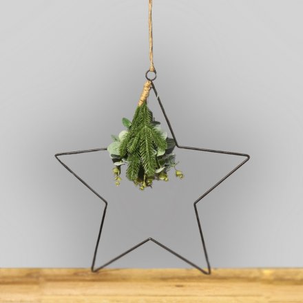  A large black wire Star complete with a eucalyptus foliage and warm glowing LED lights 