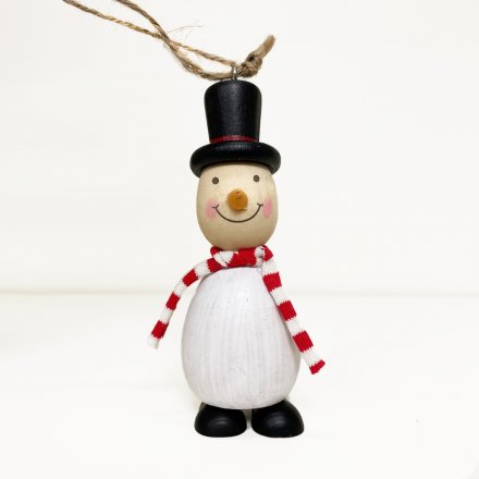 A small hanging wooden snowman decoration with an added knitted scarf 