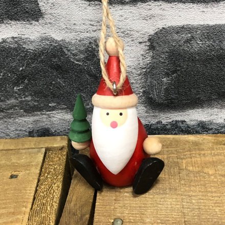 Hanging Wooden Santa, 8cm 