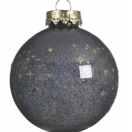  Set with a galaxy inspired decal and added gold star shimmer, this bauble will place perfectly in almost any themed tre
