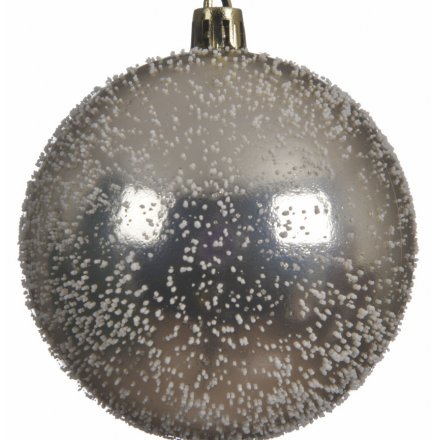 A shatterproof bauble with a gold base tone and white speck covering 