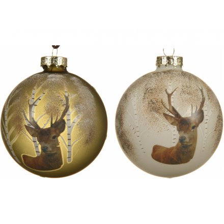 A gorgeous assortment of gold and white toned bauble decorated with a woodland stag print and added glittery finish 