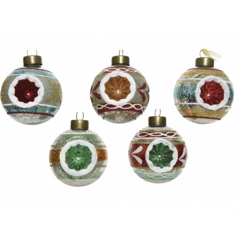 Bursting with nostalgia this assortment of 5 colour glass baubles have a distinct vintage aesthetic. 