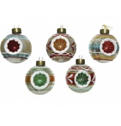 A funky and festive mix of colourful glass baubles each set with a glitter indentation and patterned surround 