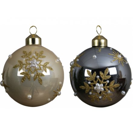 glass baubles in a Pearl White and Midnight Sky Blue tones beautifully covered with golden glitter accents