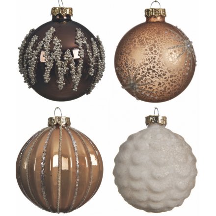 An assortment of beautiful earthen toned glass baubles, each set with its own decal and added glitter touches 