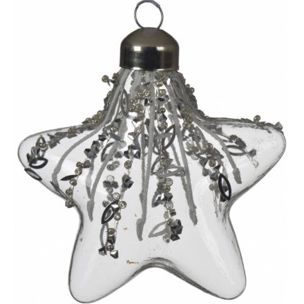 A gorgeous clear glass star hanging decoration filled with a beaded and sequin decal 