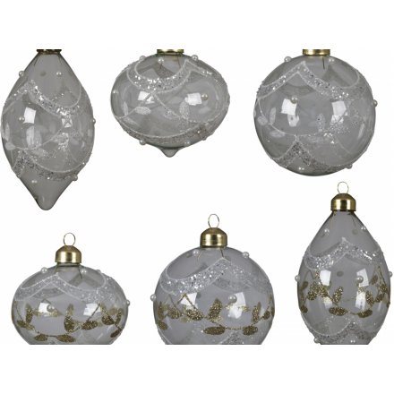 Glitter Boarder Assorted Shaped Glass Baubles, 8cm 