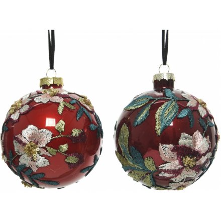Red Embroidery Glass Baubles, 10cm 