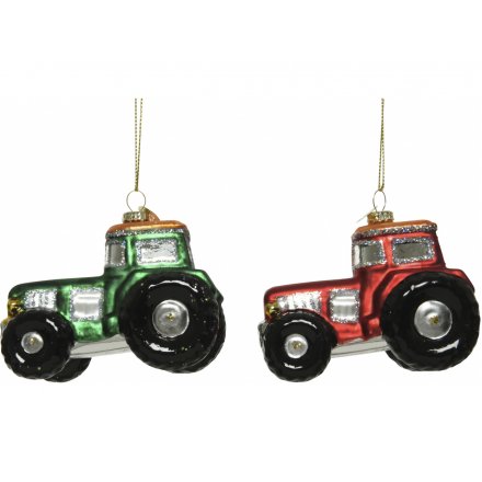 Green & Red Hanging Glass Tractors, 9cm 