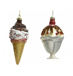 A delicious looking assortment of hanging glass ice cream decorations with added glittery sprinkles and chocolate! 