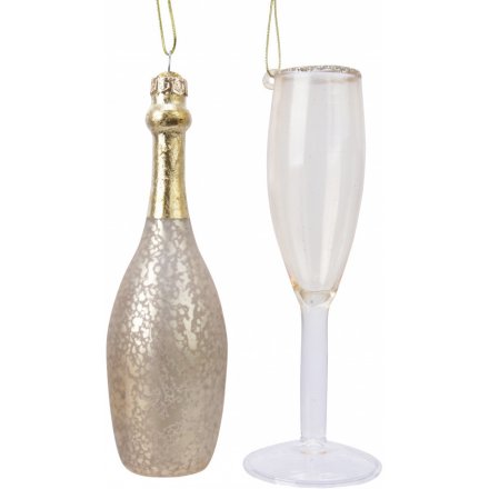 Subtle glass champagne bottle and champagne flute baubles.