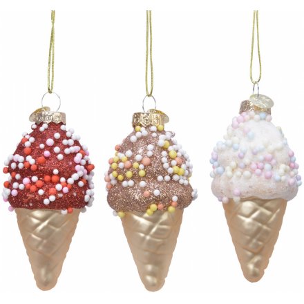 Glitter Ice Cream Cone Glass Hangers, 10cm 
