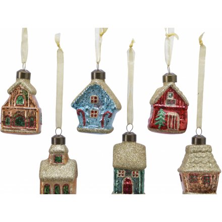  Perfect for adding to any tree display with a colourful feature, an assortment of 6 glass house hanging decorations