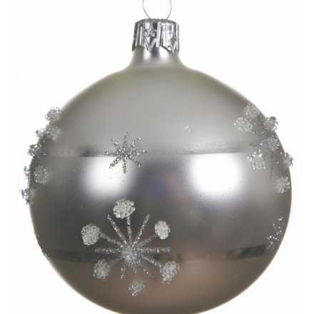 Silver Glitter Snowflake Glass Bauble, 8cm 