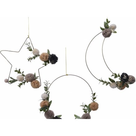 Wire Hangers With Leaves & Pompoms, 21cm 