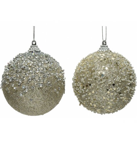 Champagne coloured foam baubles with dusting of glitter, beads and diamontes. 