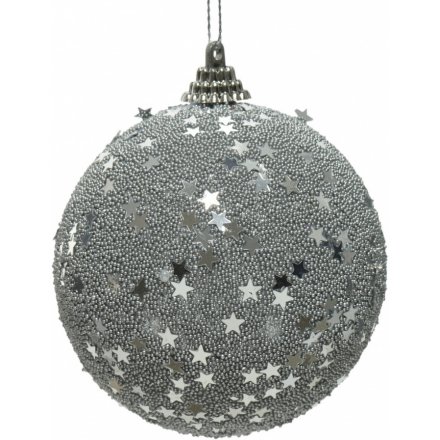  Covered with silver beads and mirrored stars, this hanging bauble will be sure to add a glitzy glam touch to your tree 