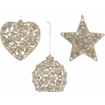 Glitter & Pearl Assorted Baubles, 10cm 