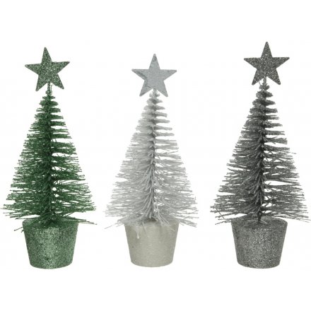 Super Sparkly bristle tree decorations in an assortment of Green, White and Grey tones 