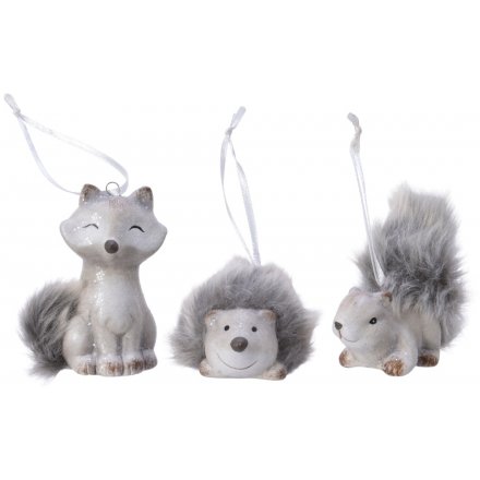 Hanging Grey Woodland Critters, 8.5cm 