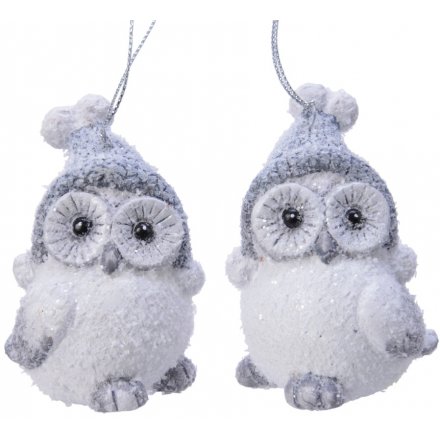 Hanging Snow Covered Terracotta Owls, 8cm 