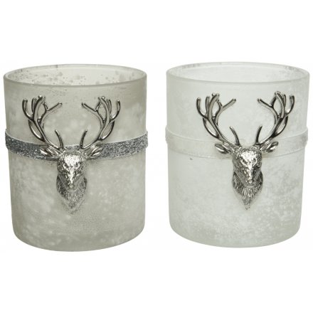 White Frost & Silver Stag Candle Holders, 10cm 