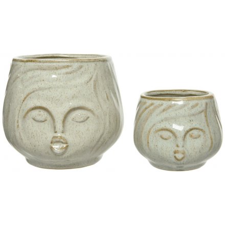 Stoneware Embossed Face Vases, 13cm 