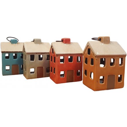  A charming mix of mini ceramic house tlight holders with added hoops for hanging 