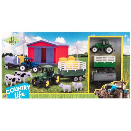A fun farm inspired set of toy pieces including an assortment of Animals, Buildings and Tractors 