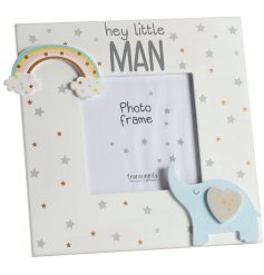 A super cute photo frame with an elephant and rainbow design. Complete with a 'Hey Little Man' slogan.