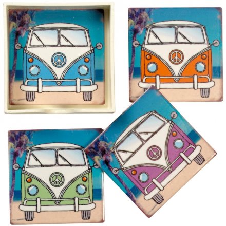 Set of 4 Ceramic Camper Van Coasters, 11cm 