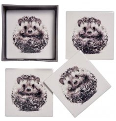 A set of 4 square ceramic coasters, each decorated with a cute Hedgehog print