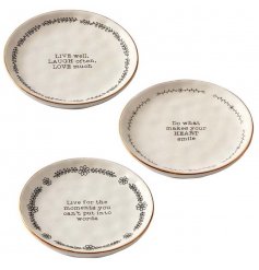 An assortment of 3 porcelain slogan trinket dishes with a pretty floral motif