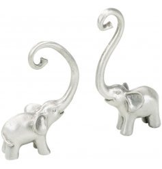 A mix of standing elephant Ring Holders in a distressed silver tone 
