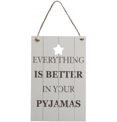  A stylish grey and white toned hanging wooden plaque with a humours text decal and slatted wooden effect 