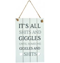 A natural wooden plaque in a white tone, perfectly set with a comical scripted text decal 